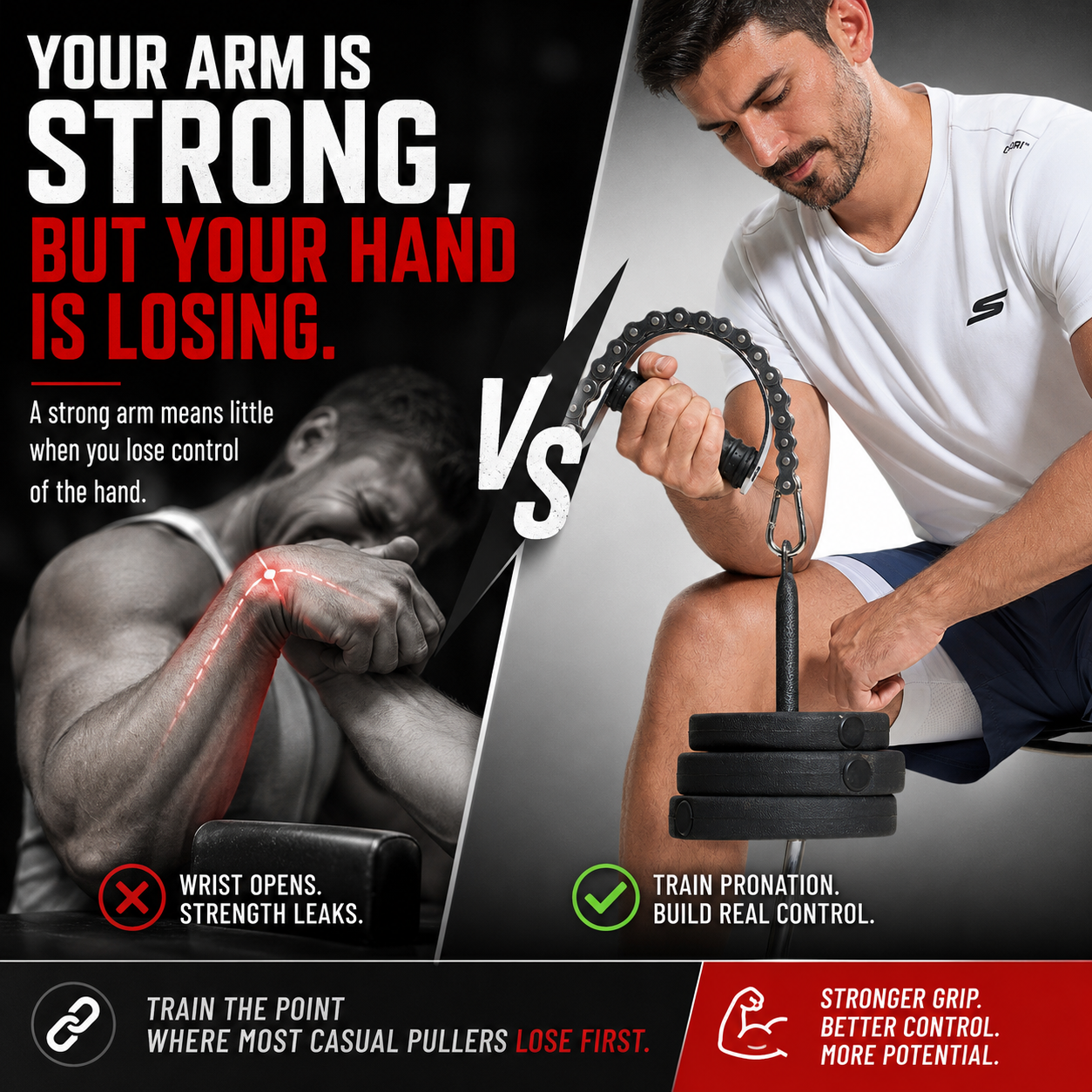 Arm wrestling pronation handle with curved frame and textured cylindrical grip