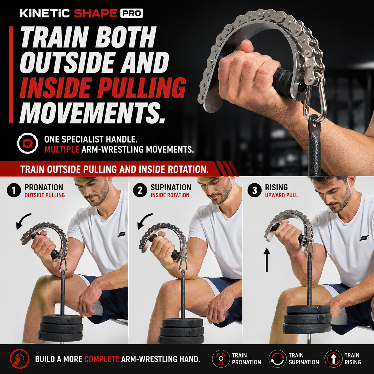 Wrist rising exercise with arm wrestling pronation handle and weight resistance