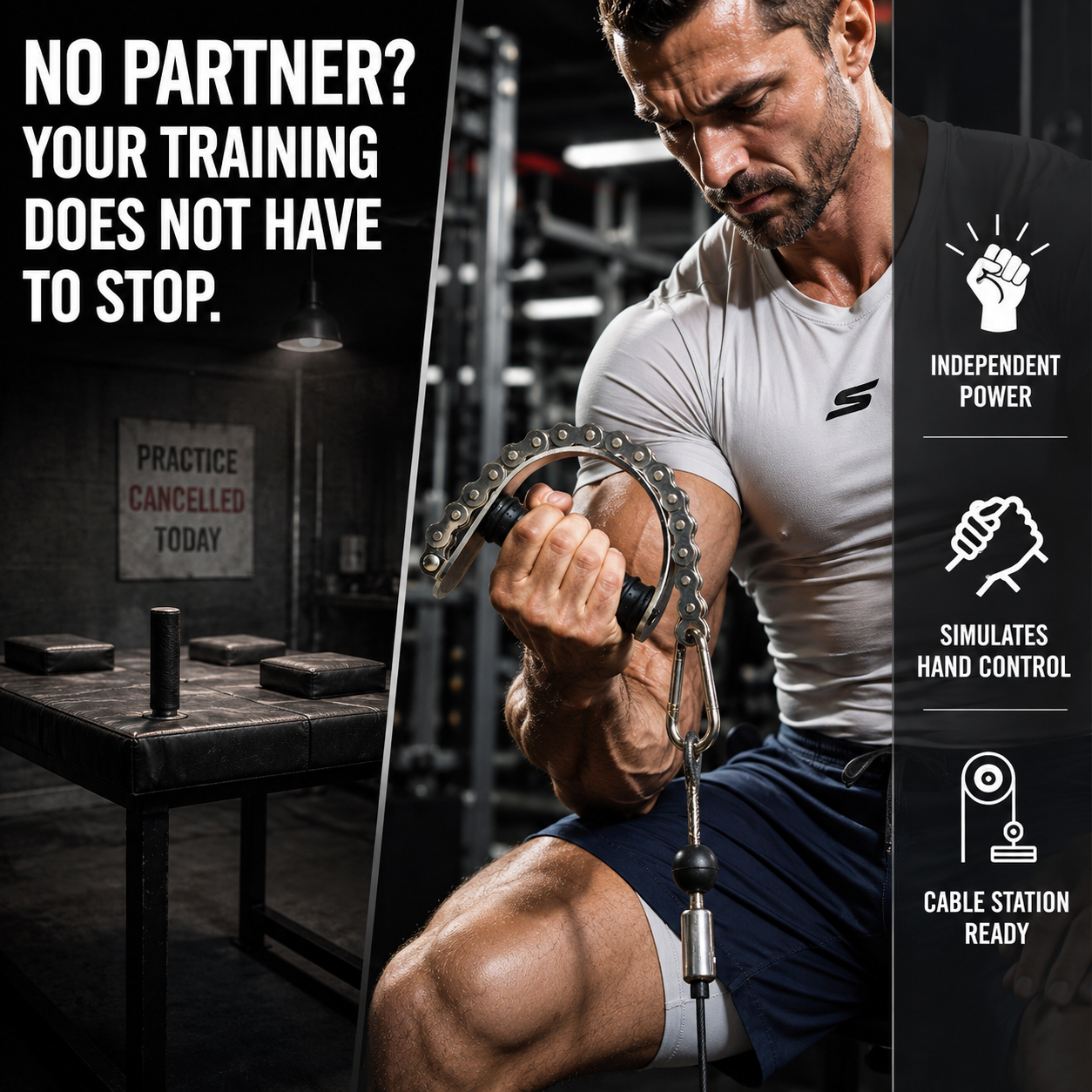 Pronation handle metal chain version with stainless steel crescent frame